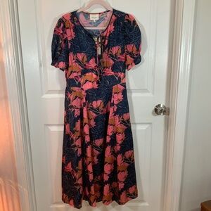 bohme Navy Midi Dress with Pink and Mustard Floral Print